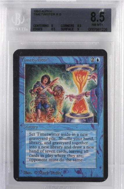 Magic: The Gathering Alpha Timetwister trading card, graded BGS 8.5 NM-MT+, a serious investment for any collector’s MTG portfolio (estimate: $10,000-$15,000).