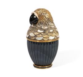 Belgian mother of pearl mounted silver gilt, hardstone and agate parrot canopic form jar Wolfers Frères, retailed by Maison Chaumet, Paris, 3rd quarter 20th c.  (estimate: $1,000-$1,500).  