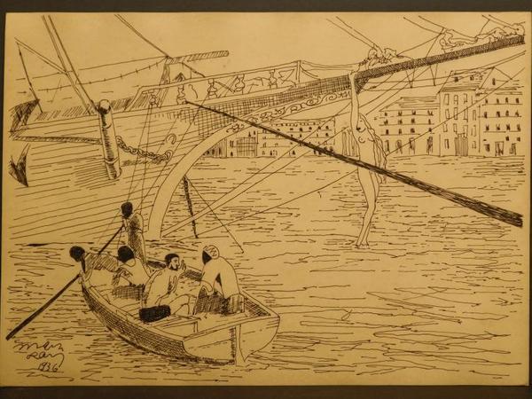 Ink drawing on buff toned paper by Man Ray (Am./Fr., 1890-1976), titled Ship, Sailors and a Woman, signed and dated 1936 (est.  $6,000-$10,000).