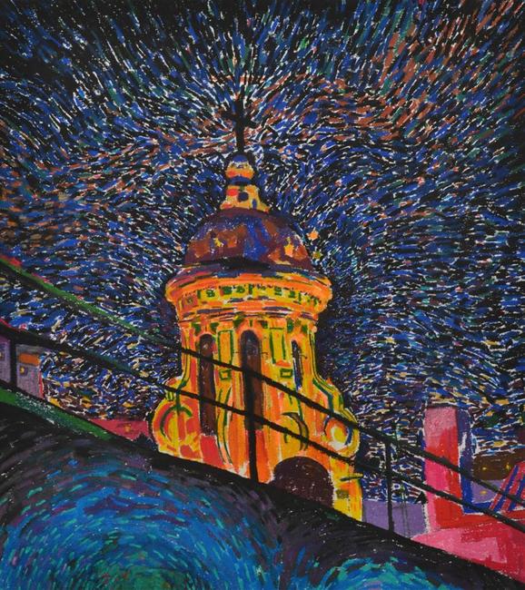 Manuel Jiménez Palma,Illuminated Church, Pastel on Paper, 19'' x 16.5''