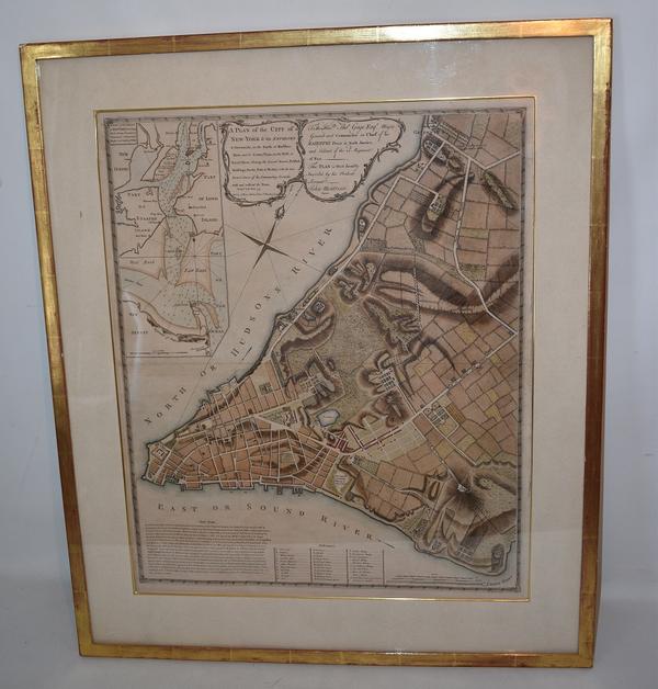 Pre-Revolutionary War map of New York City by John Montresor (British, 1736-1799), titled A Plan of the City of New York & Its Environs, published in 1775 by A.  Dury in London, England.  