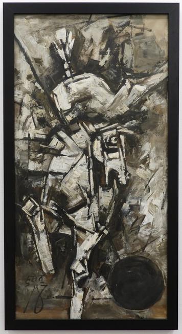 Dynamic oil on canvas Cubist painting by Maqbool Fida Husain (India, 1915-2011), a monotone composition depicting a rider on the back of a wild horse (estimate: $40,000-$60,000).