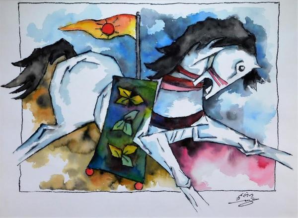 Watercolor painting by Maqbool Hussain (Indian, 1915-2011), titled Raging Horse, of a leaping white horse with open mouth draped with a green saddle blanket ($16,250).