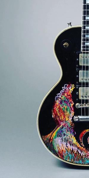 Gibson Guitar Corp.  (Kalamazoo, MI); painted by Keith Richards.  Les Paul Custom electric guitar (serial no.  7 7277), 1957; painted 1968.  Carved mahogany body and neck, ebony fingerboard, 24 3/4 in.  scale; black finish with hand-painted design; three patent-applied-for (PAF) humbucking pickups, three-way selector switch, two volume and two tone controls.  Collection of Keith Richards