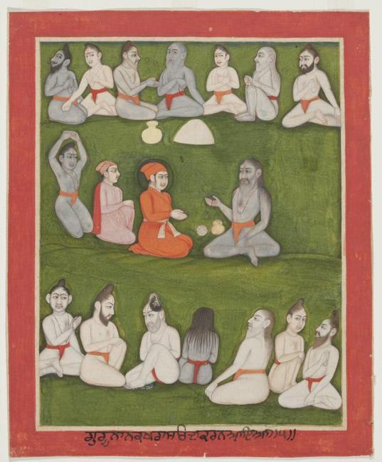 Guru Nanak and the holy man Sant Ren, from a manuscript of the Janam Sakhi (Life Stories), 1800–1900.  India or Pakistan; Punjab region.  Opaque watercolors on paper .  Asian Art Museum, Gift of the Kapany Collection , 1998.58.4.  Photograph © Asian Art Museum.  