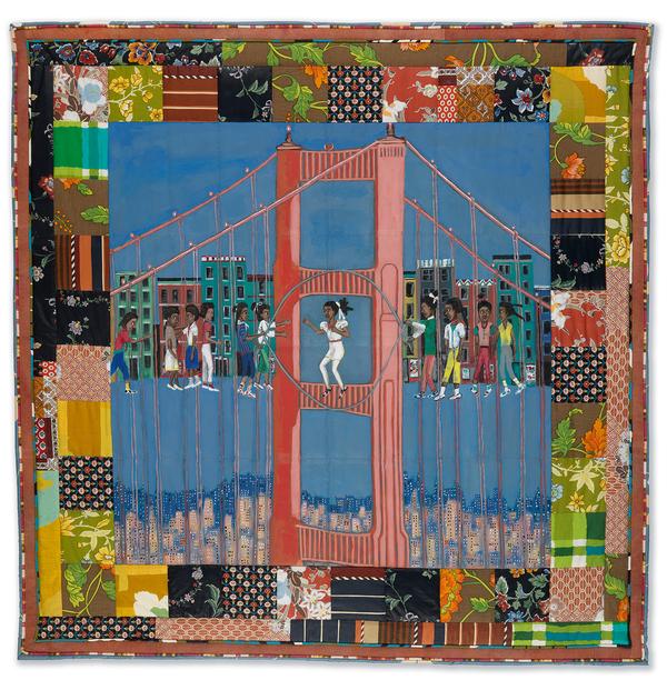 Lot 94 Faith Ringgold, Double Dutch on the Golden Gate Bridge, story quilt from the artist's Woman On a Bridge series, 1988.  Estimate $150,000 to $250,000.  