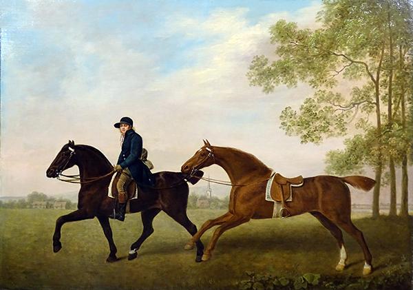 George Stubbs, Two Hacks, the property of Henry Ulrick Reay Esq of Burn Hall Co.  Durham and their blue-liveried groom in a landscape.