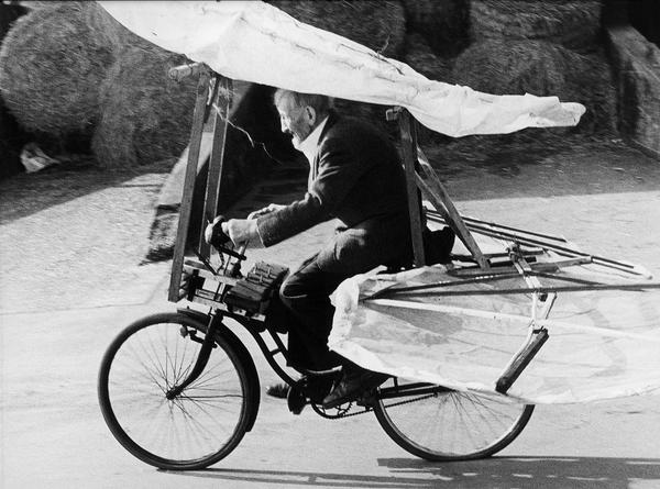 Photo by Stefan Hartmaier.  Gustav Mesmer (1903–1994) on his flying machine, Buttenhausen, Germany 1990.  © Courtesy Stefan Hartmaier/Gustav Mesmer Foundation 