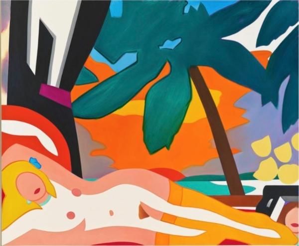 Tom Wesselmann, Sunset Nude with Big Palm Tree, 2004.  Oil on canvas.  105 by 128 in.