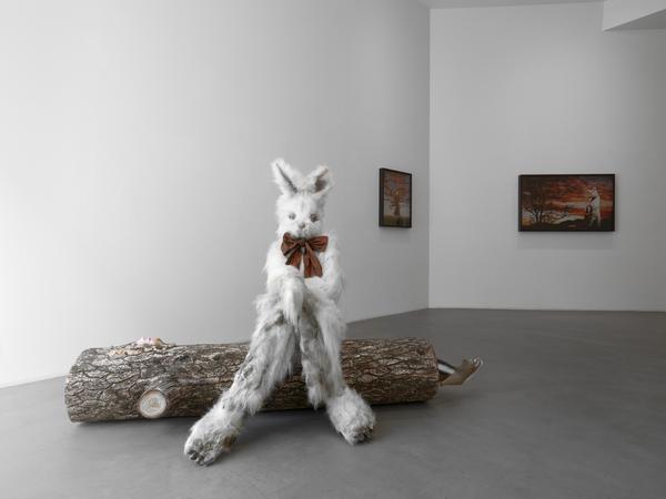 Simon Lee Gallery, Marnie Weber, Log Lady & Dirty Bunny, 2009.  Mixed media, 3 parts, Dirty Bunny: 142.2cmH x 73.7xmW x 88.9cmD Log Lady: 39.4cmH x 185.4cm W x 61cmD Rodent: 16.5cmH x 48.6cmW x 22.2cmD.  Courtesy the artist and Simon Lee Gallery