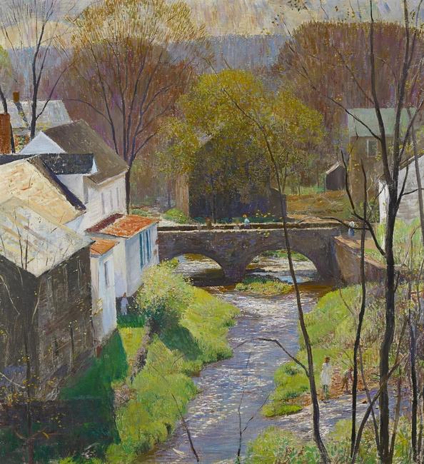 Daniel Garber (1880-1958) Carversville, Springtime.  Oil on canvas, 30 1/8 x 28 ¼ inches 