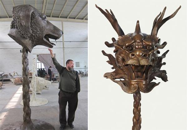 Provocative Chinese artist Ai Weiwei, shown with the Dog sculpture (left), has selected the National Museum of Wildlife Art in Jackson Hole for his Circle of Animals/Zodiac Heads exhibition of 12 monumental bronzes, which also includes The Dragon (right).  