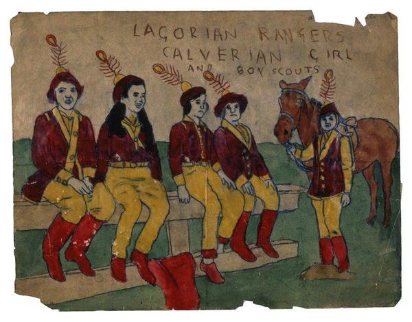 Henry Darger, Lagorian Rangers (Calvernian Girl and Boy Scouts), n.d., Watercolor and pencil on paper, 8 x 12 inches (20.3 x 30.5 cm).  Andrew Edlin Gallery 