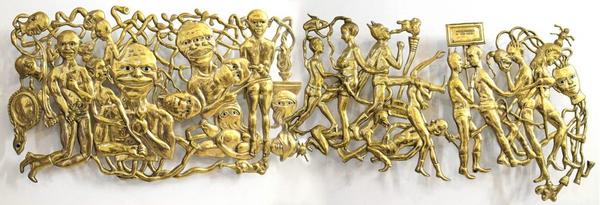 Entang Wiharso, I Want to Live 100 Hundred Years: After Agreement, 2013.  Brass, color pigment, resin, thread.  35.4 x 98.4 in (90 x 250 cm)