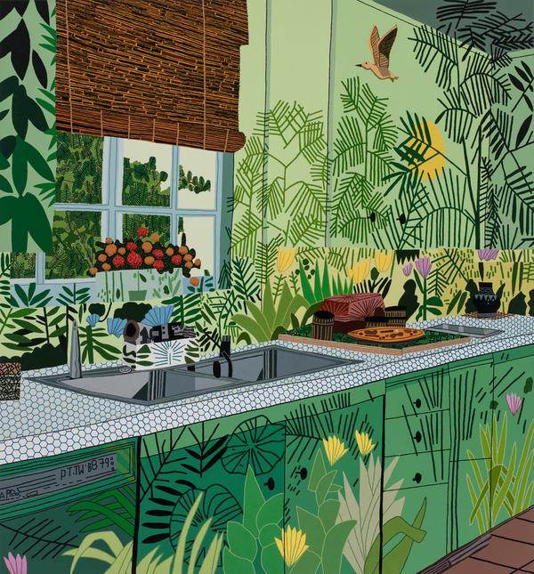 Jonas Wood, Jungle Kitchen, 2017, oil and acrylic on canvas, The Broad Art Foundation, Courtesy the artist and David Kordansky Gallery, Los Angeles, CA, Photo credit: Brian Forrest