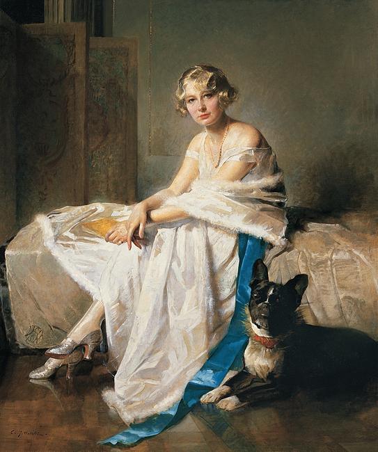 Charles Joseph Watelet, An Elegant Lady With her French Bulldog in an Interior.  Lawrence Steigrad Fine Arts.