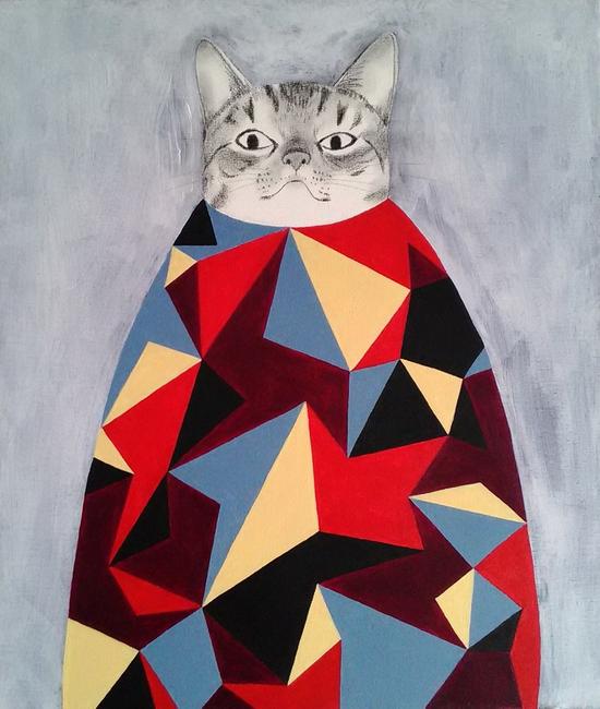 “Cat Mountain” by Katsunori Miyagi.  Acrylic, pencil on canvas 21″ x 18″ 