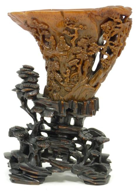 The top lot of the sale was this rare and masterfully carved rhino horn libation cup ($318,600).