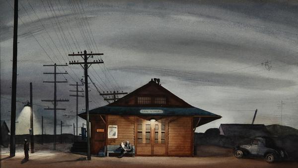 Millard Sheets, “San Dimas Train Station,” 1933, is on view at the new Hilbert Museum of California Art.  (Courtesy, Hilbert Museum of California Art)