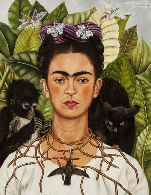 Self‑Portrait with Hummingbird and Thorn.  Frida Kahlo (Mexican, 1907–1954).  1940.  Oil on masonite.  *Nickolas Muray Collection of Modern Mexican Art, Harry Ransom Center, The University of Texas at Austin.  © 2018 Banco de México Diego Rivera Frida Kahlo Museums Trust, Mexico, D.F.  / Artists Rights Society (ARS), New York.