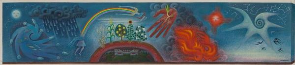 MIGUEL COVARRUBIAS (Mexican, 1904 – 1957) Genesis, The Gift of Life, c.  1954.  Tempera on cardboard laid on panel, 16 × 43 1/4 in.  (40.64 × 109.86 cm) (framed) Dallas Museum of Art, gift of Jorge Baldor