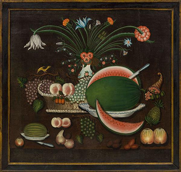 Joseph Proctor (attributed, active, 1860), Still Life with a Basket of Fruit, Flowers and Cornucopia, 19th century, oil on canvas, 46 × 48 × 1 1/2 in.  Jonathan and Karin Fielding Collection.  Photo by Fredrik Nilsen, courtesy of The Huntington Library, Art Collections, and Botanical Gardens.