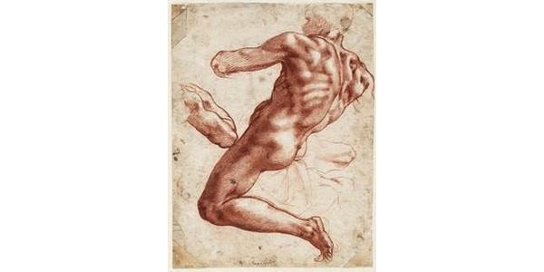 Michelangelo (1475-1564) Seated Male Nude, 1511, Red chalk heightened with white.