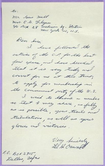 A rare autograph letter written by Lee Harvey Oswald requesting admission to the American Communist Party.  The letter, unseen for many years, is addressed from the same post office box address where he ordered his infamous mail-order rifle.  