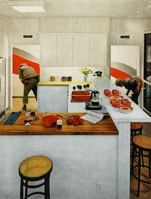 Martha Rosler, Red Stripe Kitchen, from the series House Beautiful: Bringing the War Home, c.  1967-72, photomontage, Art Institute of Chicago, through prior gift of Adeline Yates; exhibition copy provided by Mitchell‑Innes & Nash, New York, © Martha Rosler; Image courtesy of the artist and Mitchell-Innes & Nash, New York