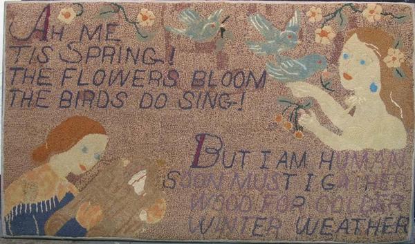 Ah Me, Tis Spring! Rare Vintage Hutchinson Motto Hooked Rug.