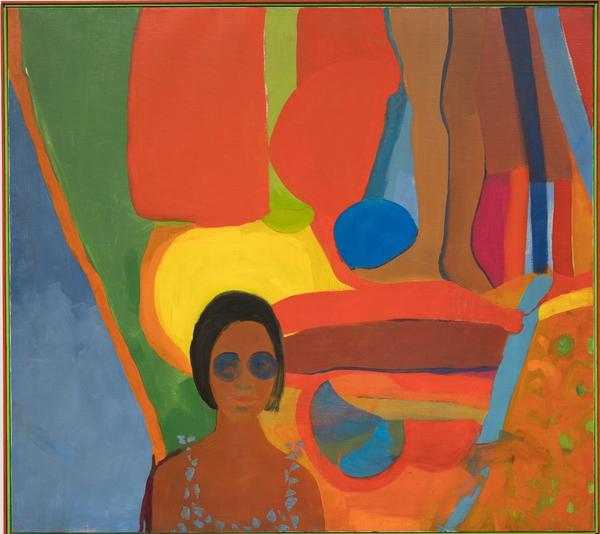 Emma Amos (b.  1938), Baby, 1966.  Oil on canvas, 46 1/2 × 51 in.  (118.1 × 129.5 cm).  Whitney Museum of American Art, New York; purchased jointly by the Whitney Museum of American Art, with funds from the Painting and Sculpture Committee; and The Studio Museum in Harlem, museum purchase with funds provided by Ann Tenenbaum and Thomas H.  Lee T.2018.33a-b.  © Emma Amos; courtesy of the artist and RYAN LEE Gallery, New York