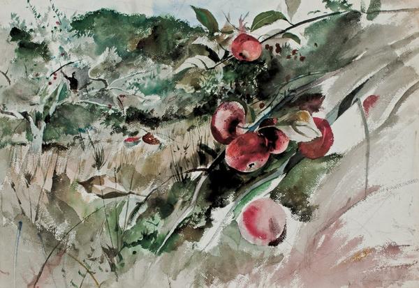 Watercolor painting by the renowned American artist Andrew Wyeth (Pa./Me., 1917-2009), titled Picking Apples (est.  $80,000-$100,000).