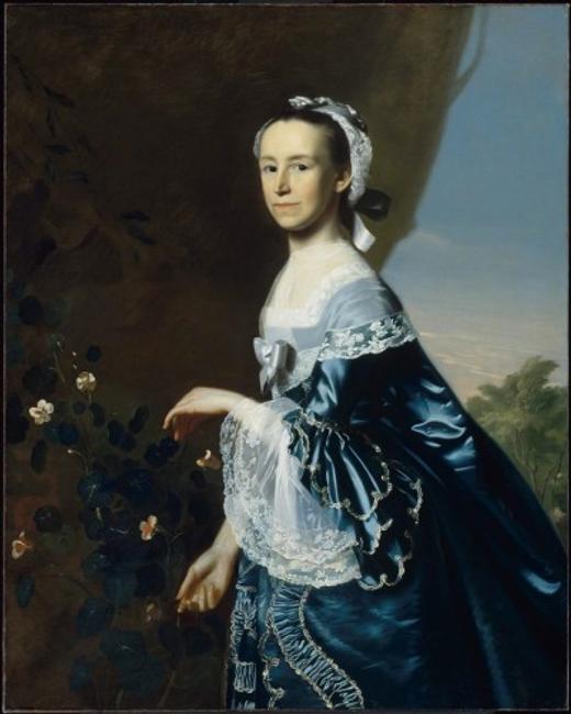 Mrs.  James Warren (Mercy Otis), Around 1763, by John Singleton Copley, American, born 1738, died 1815).  Oil on canvas.  On loan from the Museum of Fine Arts, Boston; Bequest of Winslow Warren.