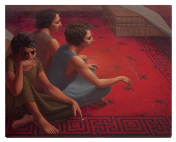 George Tooker.  Red Carpet, 1953.  Egg tempera on gessoed panel, 16 x 20 1/4 in.  Offered by DC Moore Gallery.