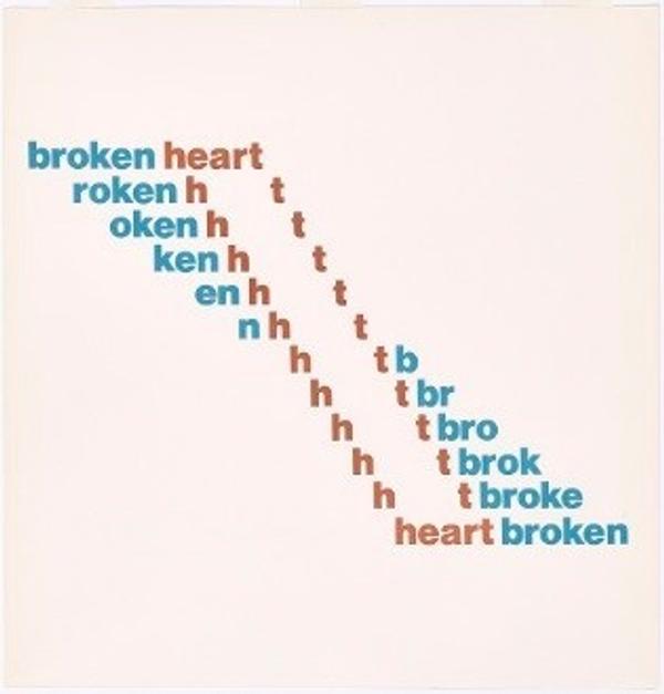 Broken/Heartbroken, Ian Hamilton Finlay (Scottish, 1925–2006) .  Lithograph from The Blue and the Brown Poems (New York: Atlantic Richfield Company & Jargon Press, 1968).  Getty Research Institute, Los Angeles (2016.PR.36).  By courtesy of the Estate of Ian Hamilton Finlay 