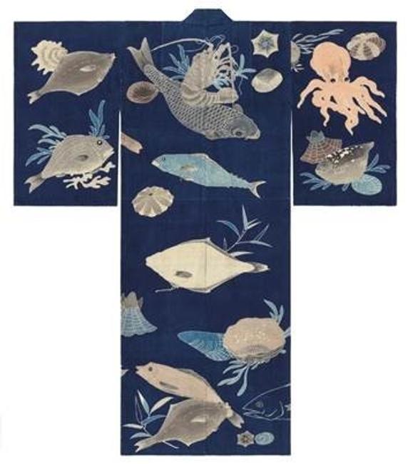 Dark blue-ground festival kimono decorated with sea creatures, first half 20th century.  Cloth: cotton; tsutsugaki (freehand resist).  The John R.  Van Derlip Fund and the Mary Griggs Burke Endowment Fund established by the Mary Livingston Griggs and Mary Griggs Burke Foundation 