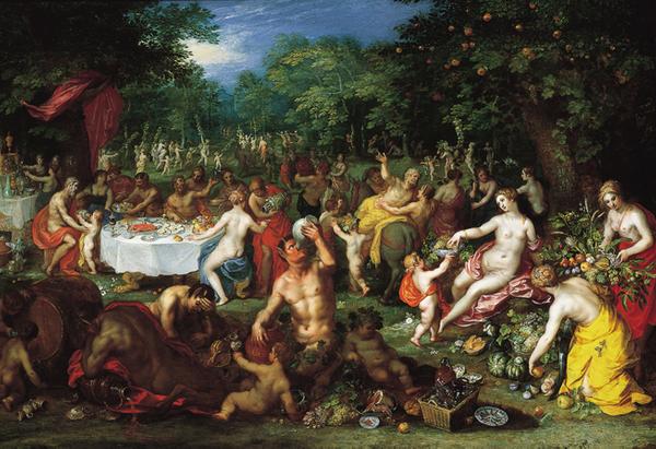 Jan Brueghel the Elder Netherlandish, 1568 ‑ 1625 Hendrik van Balen I Netherlandish, 1575 ‑ 1632 A Bacchanal, about 1608 ‑ 1616 Oil on panel 23 5/16 × 32 1/2 in.  (59.2 × 82.6 cm.) Museum purchase Restored by income from the Marguerite Montgomery Baquie Memorial Trust, 1992  1967.24