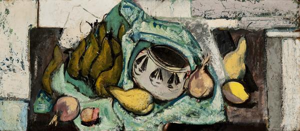 Alfred H.  Maurer, Still Life with Pears, c.  1928.  Oil on masonite, 13 1/2 x 30 1/2 inches 