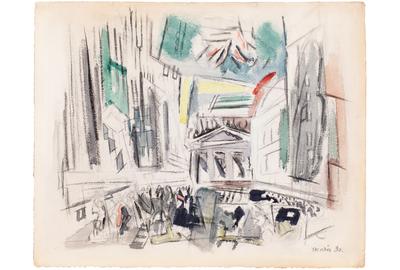 John Marin (1870-1953), Movement Broad St.  N.Y.C (aka Downtown-Vicinity of Wall St.), 1930, watercolor and charcoal on paper, 22 x 27 inches / 55.9 x 68.6 cm, signed