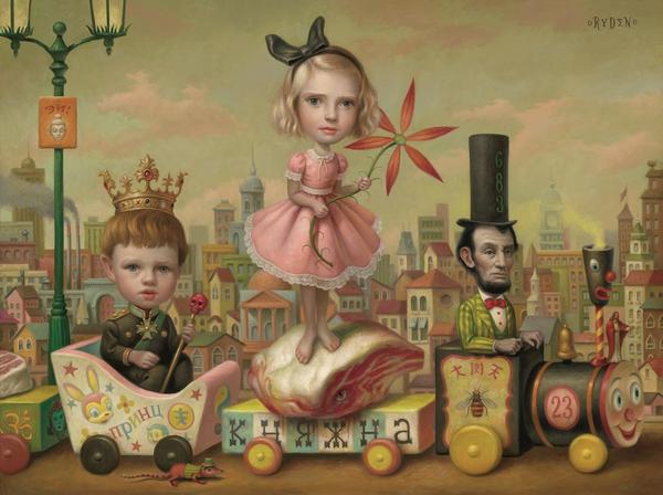 Mark Ryden,The Meat Train (No.  23), 2000.  Oil on canvas, 17 x 23 in.  Private Collection.  © Mark Ryden.  