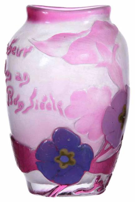 Signed Galle marquetry vase, 5.5 inches tall, having a white background with wheel carved pink overlay and large marquetry blossoms.