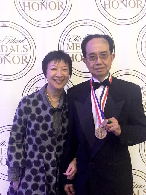 M.Y.  Kwong Lum with Mrs.  Lum shortly after he was awarded the Ellis Island Medal of Honor.  