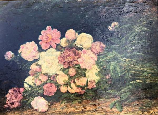 Oil on canvas floral painting from 1915 by Mary B.  Leisz (Am., b.  1876, death year unknown), important because Leisz only painted still lifes very early in her career.