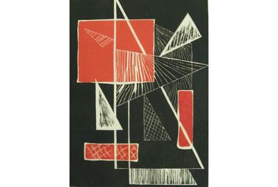 Alice Trumbull Mason, 9 Triangles, 1952, woodcut, on view at the Susan Teller Gallery.