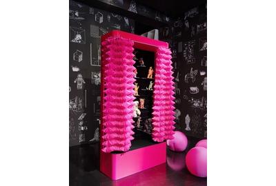 Maurizio Galante and Tal Lancman COLLECTOR'S CABINET Italy, 2012 Pink lacquer, blackboard and MDF structure, velvet lined interior, with adjustable glass shelves of varying sizes, and curtains made of technical fabric Height: 89" - Width: 47.25" -Depth: 17.75"