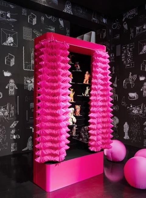 Maurizio Galante and Tal Lancman COLLECTOR'S CABINET Italy, 2012 Pink lacquer, blackboard and MDF structure, velvet lined interior, with adjustable glass shelves of varying sizes, and curtains made of technical fabric Height: 89" - Width: 47.25" -Depth: 17.75"