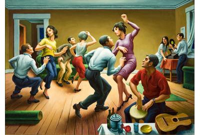 Debra Force Fine Art, Inc., presents Thomas Hart Benton (1889-1975) The Twist, 1964, signed Benton and dated 64, lower right, polymer tempera on canvas mounted on panel, 20 x 28 inches.  