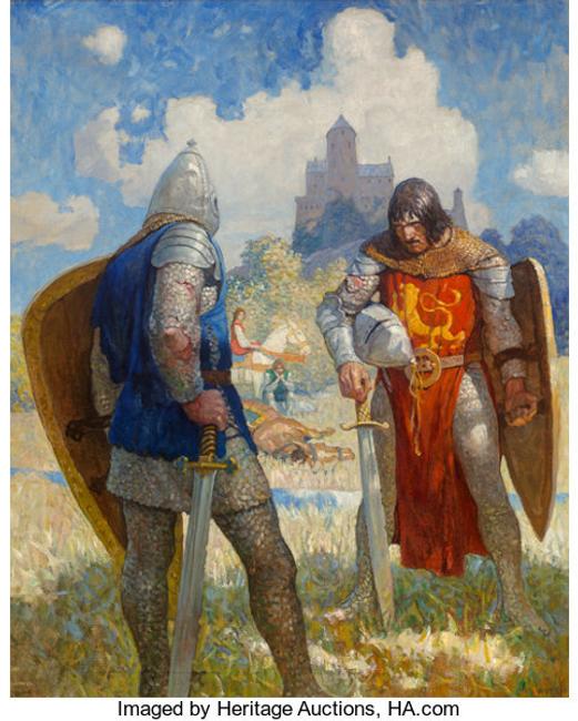  Newell Convers Wyeth's “I am Sir Launcelot du Lake, King Ban's son of Benwick, and knight of the Round Table,” The Boy's King Arthur: Sir Thomas Malory's History of King Arthur and His Knights of the Round Table interior book illustration, 1917, went to $615,000.