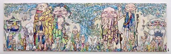 Takashi Murakami, 69 Arhats Beneath the Bodhi Tree, 2013.  Acrylic, gold and platinum leaf on canvas mounted on board.  Ten panels; 118 1/8 x 39 3/8 inches each (300 x 100 centimeters).  118 1/8 x 393 11/16 inches overall (300 x 1000 centimeters).  Courtesy of the artist and Blum & Poe.  ©2013 Takashi Murakami/Kaikai Kiki Co., Ltd.  All Rights Reserved.