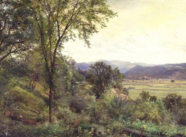 Edward L.  Custer (1837-1881) River Valley, New Hampshire.  Oil on canvas.  12 x 15 1/8 inches.  Signed at lower left, inscribed with title on stretcher.  